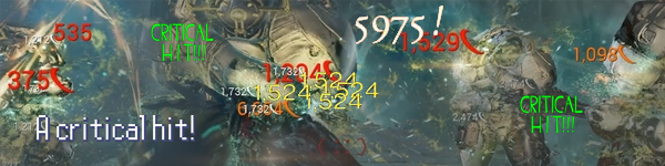 A cropped screenshot from the game Warframe showing highlighted red and orange critical hit numbers, as well as the critical hit text from Team Fortress 2, Final Fantasy 14, Destiny 2, and Pokemon overlayed.