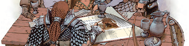 An edited image of Tordek, Lidda, Mialee, and Regdar all looking down at a large sheet of paper on the table that shows a screenshot of the ranger class page in the Player's Handbook.