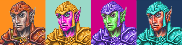 Four colorized headshots of Soveliss, the iconic 3.5 ranger. These have vibrant, eye-searing colors, and are arranged side-by-side in a way referential to the paintings of Andy Warhol.
