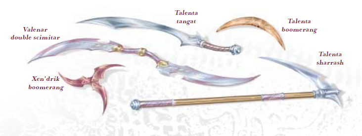 Several weapons: a two-bladed scimitar, a large curved sword, a three-bladed thrown 'boomerang', a normal boomerang, and a scythelike polearm.