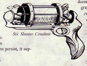 A black-and-white drawing of a rotary crossbow shaped like a revolver. It has no bowstring, instead having the bolts placed in a drumlike cylinder.